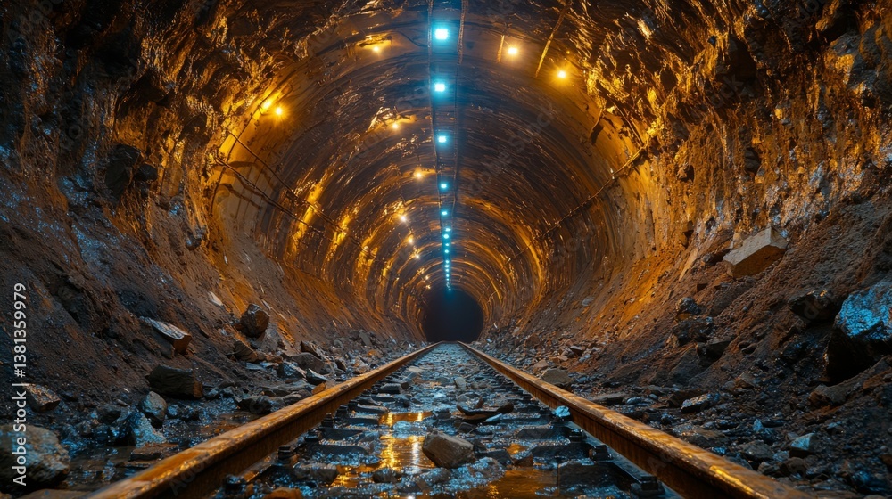 Aufkleber illuminated tunnel revealing railroad tracks, rocky walls, and mineral rich deposits highlights the 