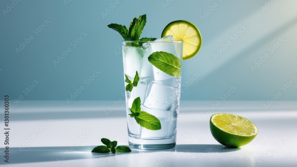 Poster ice and mojito in a glass positioned on the table, casting a strong shadow.