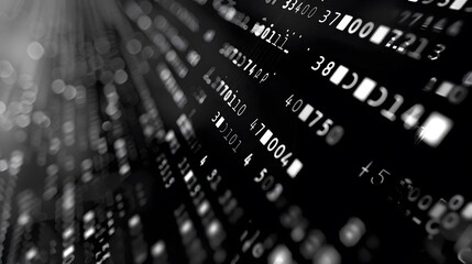 Abstract Data Stream Featuring Digital Information and Code Snippets in Monochrome