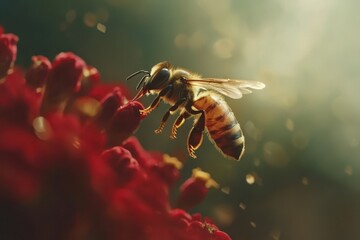 Fototapeta premium Bee approaches vibrant red flower in captivating slow motion under warm sunlight, Bee landing on red flower Slow-motion