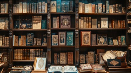 A high-definition image of an Eid-themed bookstore displaying ornate Qura??ans