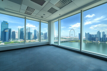 Fototapeta premium Empty High-Rise Office Space With Panoramic City View and River in Central Urban Area