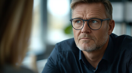 Obraz premium Middle-aged manager deep in thought during a work discussion
