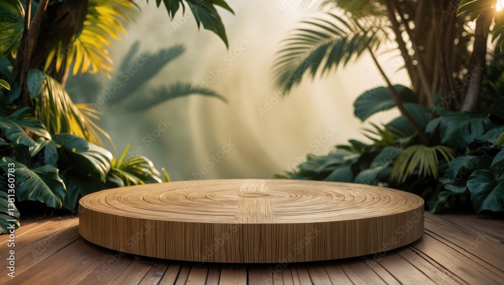 Aufkleber cosmetics product display podium. exhibition wooden stand in the background with palm leaves and sha