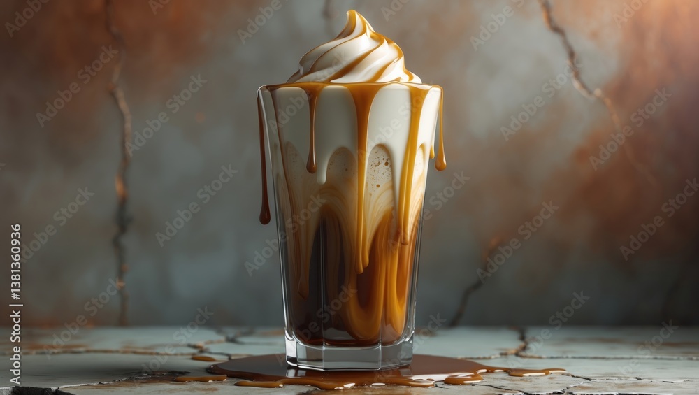 Poster ice caramel macchiato coffee presented on a rustic table background.