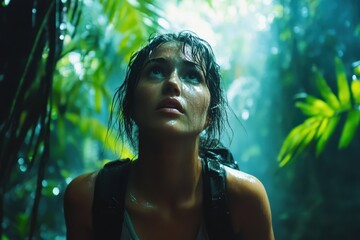 Beautiful woman exploring a vibrant jungle landscape under soft light in humid conditions, Beautiful cinematic tilt on jungle and woman hiking through it slow motion