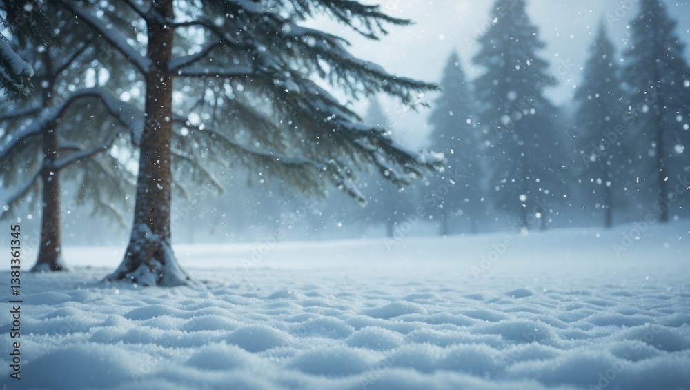 Poster holidays greeting card featuring a snowy winter landscape with fir trees and falling snow. winter ba