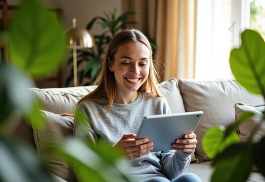 Smiling woman using a tablet while sitting on a couch surrounded by plants