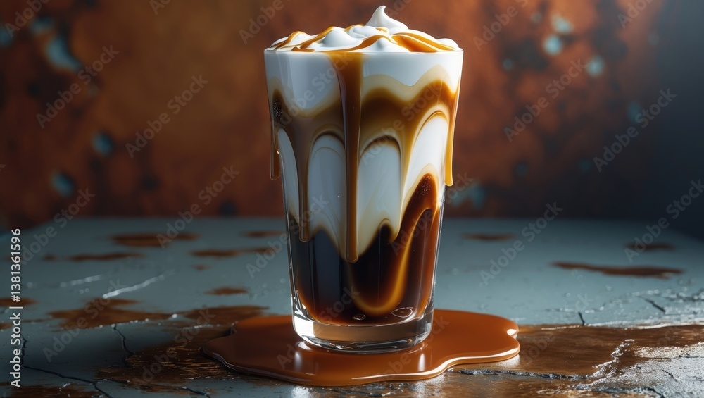 Poster ice caramel macchiato coffee served on rustic table backdrop.