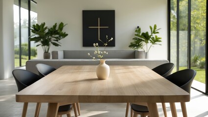 Stylish and botanical interior of dining room featuring a crafted wooden table, chairs, numerous plants, a large window, and elegant accessories in contemporary home decor.