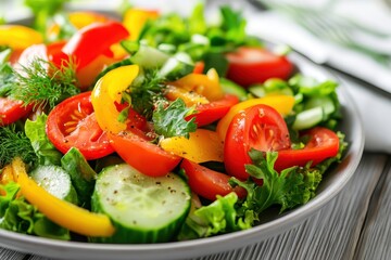 Young family enjoys fresh and colorful vegetable salad for healthy meal at home during summer lunch, young family healthy lifestyle eating Caucasian fresh organic vegetables salad