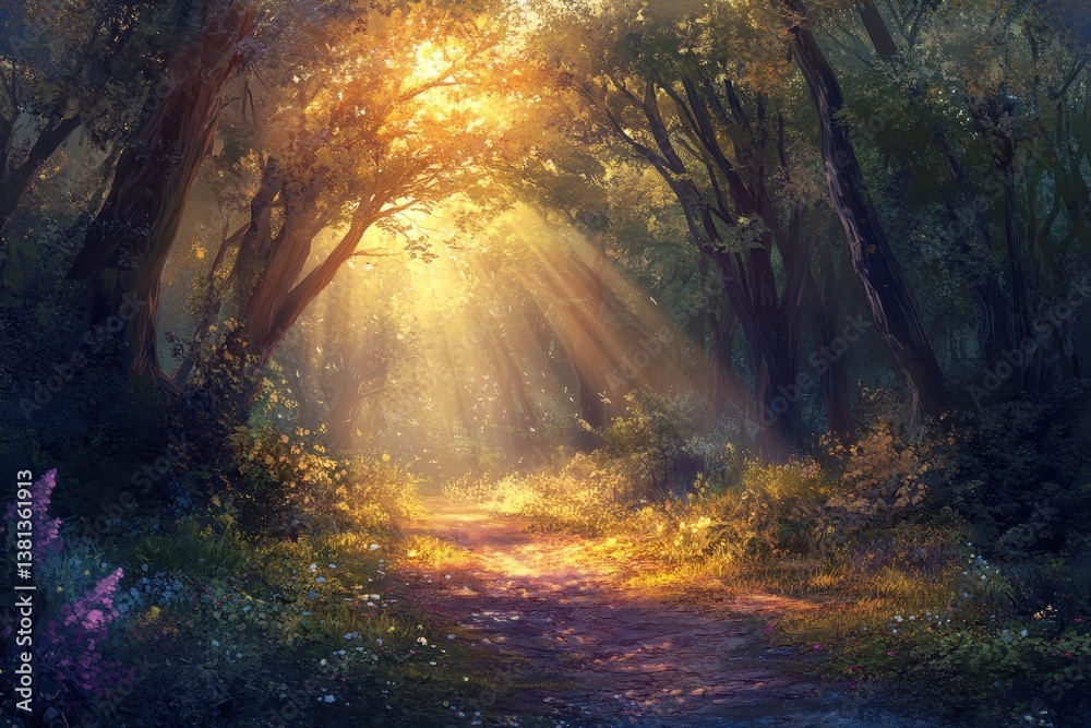 Poster bright beams of sunshine illuminate a magical forest path in the morning light creating an enchantin