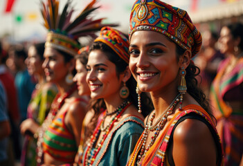 Fototapeta premium Women in vibrant traditional attire smiling at a cultural festival