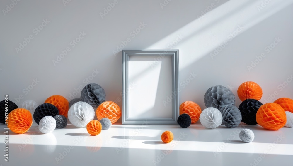 Poster halloween holiday theme. decorative photo frame and ornaments on a white backdrop. frontal view, emp