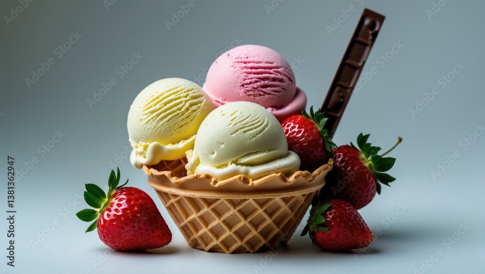 Poster ice cream scoops in a bowl featuring strawberry ice cream with a wafer stick, isolated on a white ba