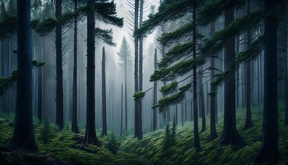 Obraz premium this artwork portrays a dense forest at twilight with thick strokes creating depth among misty trees deep greens and blacks establish a mysterious immersive atmosphere
