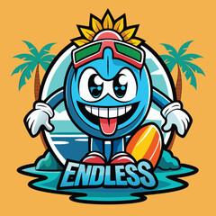 Cartoon Summer Character With Surfboard, Sunglasses & Palm Trees On Orange Backdrop