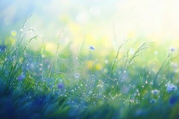 Obraz premium Dew-kissed spiderweb glistening in a sunlit meadow, surrounded by wildflowers and tall grass.