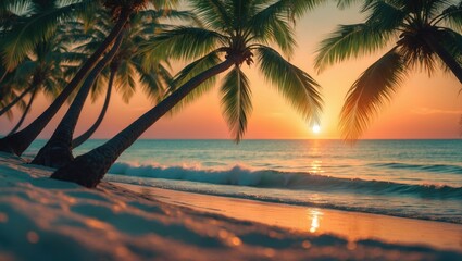 Sunset beach featuring palm trees and a stunning sky view. Travel, tourism, and vacation concept backdrop. Island paradise scene with beautiful silhouettes of coconut palms against the orange sun.
