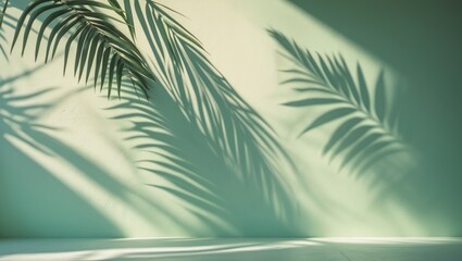 Mint blue cement texture wall with shadows of leaf plants in the background. Flat lay of pastel color palm nature.