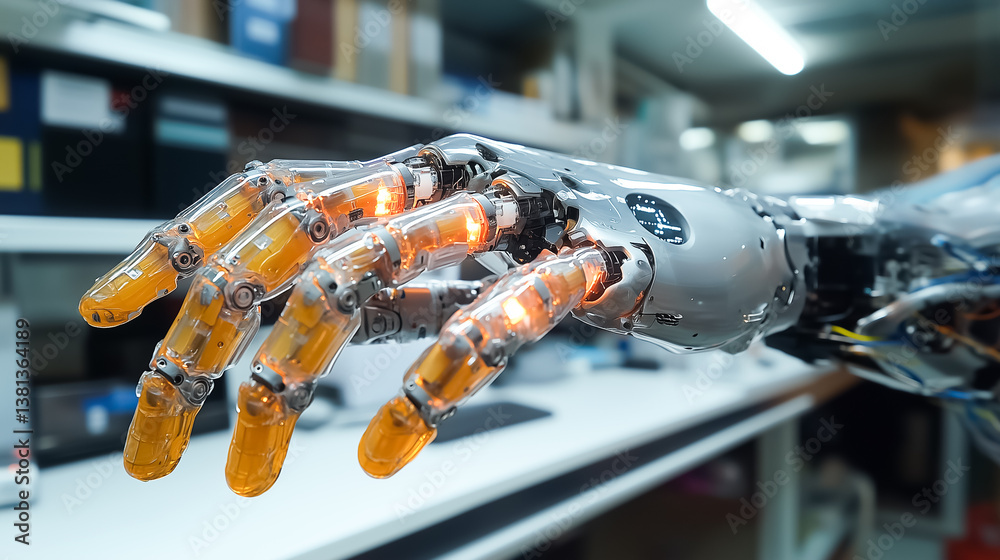 Poster robot hand extending with illuminated components, showcasing advanced engineering in a high-tech lab