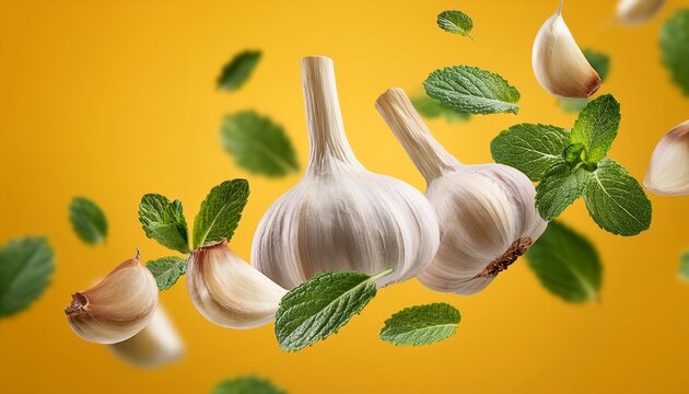 falling garlic with mint and herb on yellow background