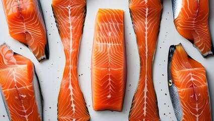 Fresh Salmon Fillets Arranged Neatly on a Clean Surface