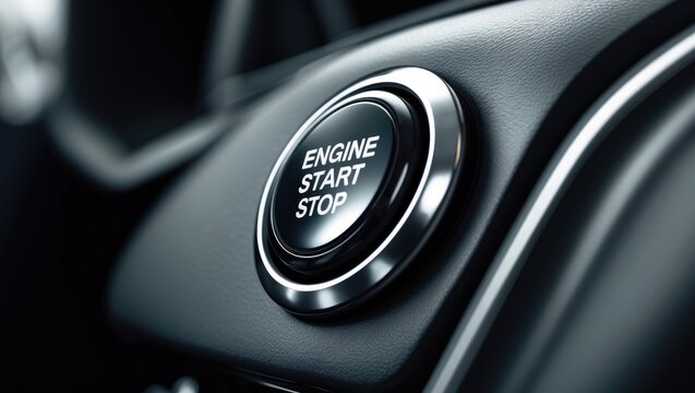 Close-up of a contemporary car's engine start and stop button, providing ease and ignition. Press the button to begin or halt the engine, a feature in numerous vehicles.
