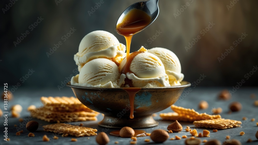 Poster ice cream scoops in a bowl with caramel on a brown background. close up of a sweet dessert in freeze