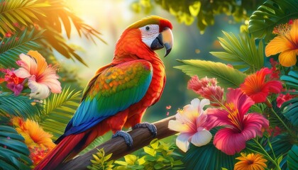 a cheerful tropical parrot perches on a branch surrounded by lush jungle greenery and colorful flowers basking in warm sunlight