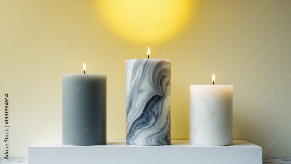 Poster Holders with candles arranged on a table against a wall in a room.