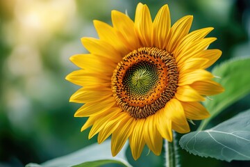 A vibrant, sunlit sunflower in full bloom, showcasing its bright yellow petals and dark brown center.
