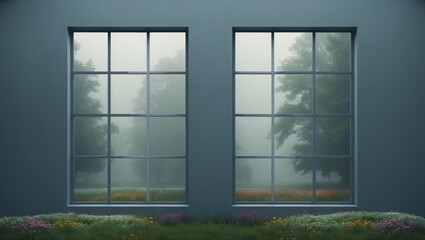 Interior image of home design featuring two windows in a cozy living room with a natural view of large trees outside.