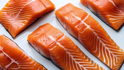 Fresh Salmon Fillets Arranged Neatly on a Clean Surface