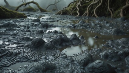 Fototapeta premium Mud texture or wet brown soil as a natural mixture of organic clay and geological sediment.