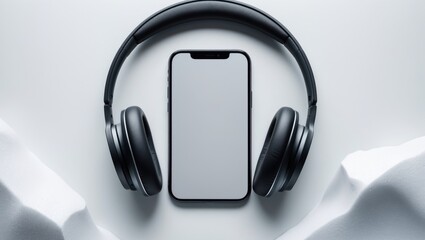 Mobile phone screen template and headphones.