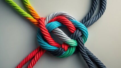 Unity and teamwork representation as a business metaphor for forming a partnership with diverse ropes intertwined, symbolizing cooperation and collaboration.