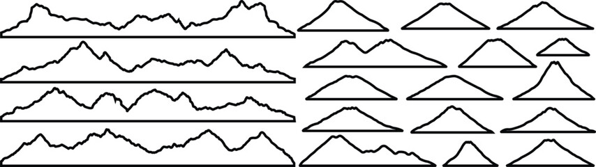 Mountain peaks silhouettes icon in line set. Isolated on transparent background