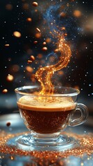 A steaming cup of coffee captures swirling aromas and vibrant coffee beans, creating a visually stunning experience.