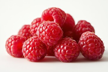 A pile of ripe and juicy red raspberries against white background