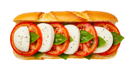 A close up of a caprese sandwich with tomato mozzarella and basil on a baguette style bread roll top view