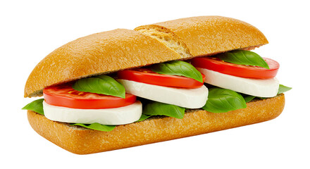 A close up of a caprese sandwich with tomato mozzarella and basil on a baguette against black background