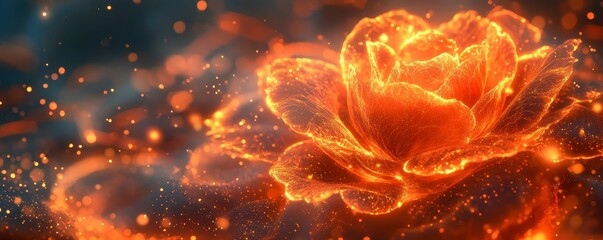 A glowing, fiery rose surrounded by sparkling particles, creating a captivating and surreal visual effect.