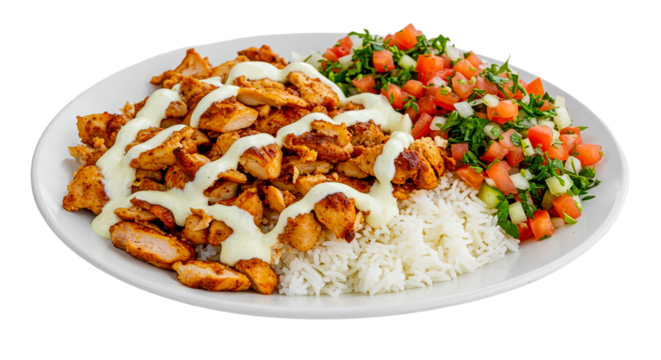 A plate of chicken shawarma with white sauce over rice and a tomato cucumber parsley salad on a white plate