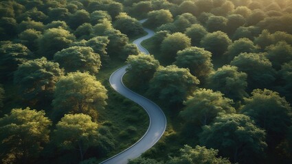 Narrow pathway amidst woods, aerial view from a drone.