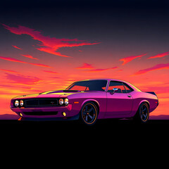 Fototapeta premium Abstract futuristic sci-fi style illustration, smooth gradient transition, sleek muscle car with glossy finish against a sunset art illustration design