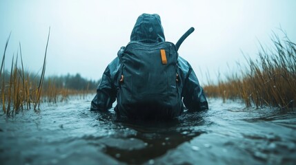 A lone figure with a backpack traverses flooded marshland under dreary skies, capturing the spirit of adventure in the face of challenging conditions.