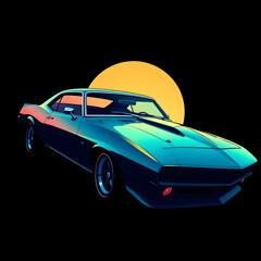  Abstract futuristic sci-fi style illustration, smooth gradient transition, sleek muscle car with glossy finish against a sunset art illustration design