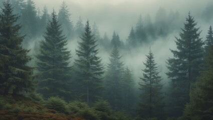 Fototapeta premium Misty foggy mountain scenery featuring a fir forest and ample copyspace in a vintage retro style.