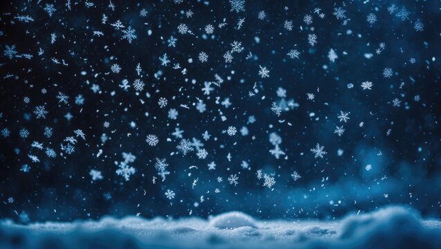 Natural snow particles in the atmosphere. Dark blue transitioning to black background. High-resolution image.